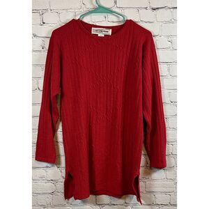 Crystal-Kobe Red Cable Knit Long Sweater Tunic Classic Ribbed Pattern Size Small
